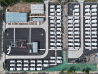 An aerial photo shows an energy storage power station on the side of Banqiao grid in Nanjing, China, on August 26, 2024. The power station i...