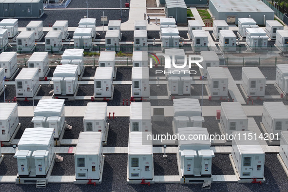 An aerial photo shows an energy storage power station on the side of Banqiao grid in Nanjing, China, on August 26, 2024. The power station i...