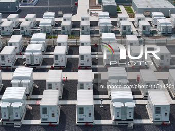 An aerial photo shows an energy storage power station on the side of Banqiao grid in Nanjing, China, on August 26, 2024. The power station i...