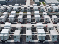 An aerial photo shows an energy storage power station on the side of Banqiao grid in Nanjing, China, on August 26, 2024. The power station i...