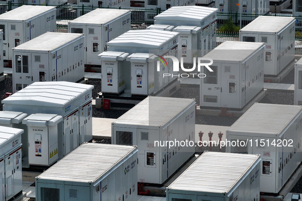 An aerial photo shows an energy storage power station on the side of Banqiao grid in Nanjing, China, on August 26, 2024. The power station i...