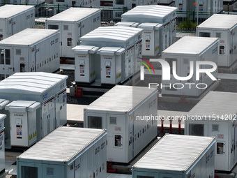 An aerial photo shows an energy storage power station on the side of Banqiao grid in Nanjing, China, on August 26, 2024. The power station i...