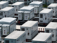 An aerial photo shows an energy storage power station on the side of Banqiao grid in Nanjing, China, on August 26, 2024. The power station i...