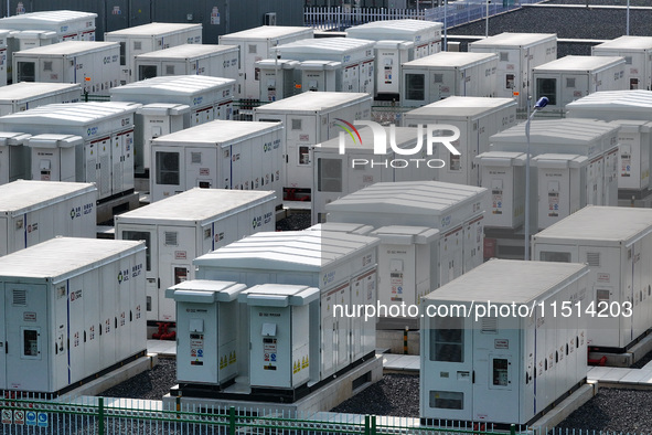 An aerial photo shows an energy storage power station on the side of Banqiao grid in Nanjing, China, on August 26, 2024. The power station i...