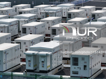 An aerial photo shows an energy storage power station on the side of Banqiao grid in Nanjing, China, on August 26, 2024. The power station i...