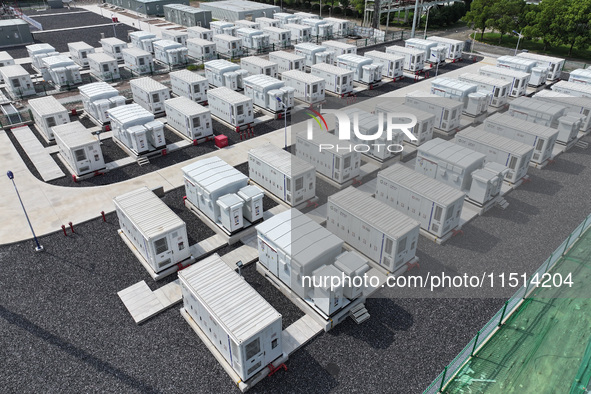 An aerial photo shows an energy storage power station on the side of Banqiao grid in Nanjing, China, on August 26, 2024. The power station i...