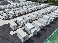 An aerial photo shows an energy storage power station on the side of Banqiao grid in Nanjing, China, on August 26, 2024. The power station i...