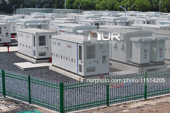 An aerial photo shows an energy storage power station on the side of Banqiao grid in Nanjing, China, on August 26, 2024. The power station i...