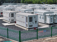 An aerial photo shows an energy storage power station on the side of Banqiao grid in Nanjing, China, on August 26, 2024. The power station i...