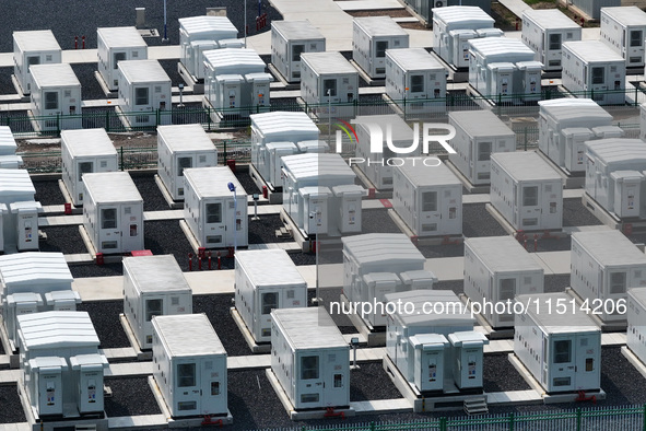 An aerial photo shows an energy storage power station on the side of Banqiao grid in Nanjing, China, on August 26, 2024. The power station i...