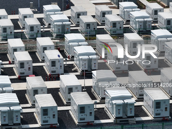 An aerial photo shows an energy storage power station on the side of Banqiao grid in Nanjing, China, on August 26, 2024. The power station i...