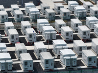 An aerial photo shows an energy storage power station on the side of Banqiao grid in Nanjing, China, on August 26, 2024. The power station i...