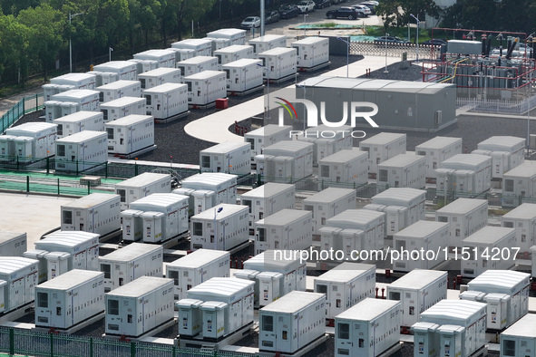 An aerial photo shows an energy storage power station on the side of Banqiao grid in Nanjing, China, on August 26, 2024. The power station i...