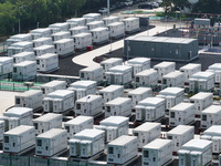 An aerial photo shows an energy storage power station on the side of Banqiao grid in Nanjing, China, on August 26, 2024. The power station i...