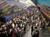 People shelter at the Osokorky metro station during the massive Russian drone and missile attack in Kyiv, Ukraine, on August 26, 2024. NO US...