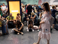 People shelter at the Osokorky metro station during the massive Russian drone and missile attack in Kyiv, Ukraine, on August 26, 2024. NO US...