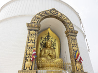 Shanti Stupa in Pokhara known as World Peace Pagoda with religious pilgrims and visitors, is a Buddhist monument situated at the height of 1...