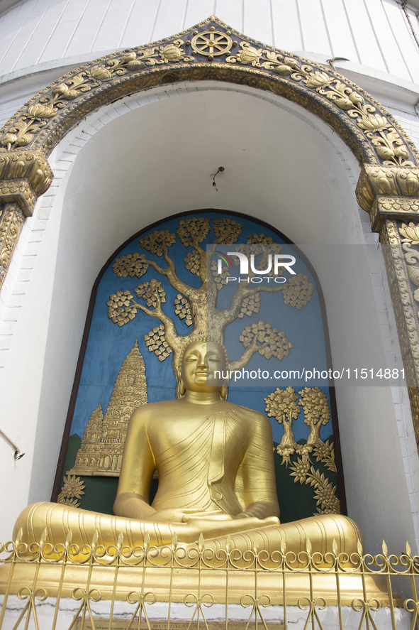 Shanti Stupa in Pokhara known as World Peace Pagoda with religious pilgrims and visitors, is a Buddhist monument situated at the height of 1...