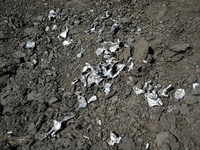 The fragments of a Russian projectile are arranged on the edge of the crater near the house of a man who is killed by the Russian missile at...