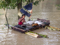 A small child sits on a banana raft in the Aburhat area of Mirsarai Upazila, Chittagong Division, Bangladesh, on August 26, 2024. At least 1...