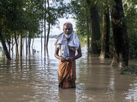 An elderly man stands on a flooded road in the Aburhat area of Mirsarai Upazila in Chittagong Division, Bangladesh, on August 26, 2024. At l...