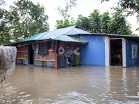 A female member walks in front of a flooded house in the Aburhat area of Mirsarai Upazila of Chittagong Division, Bangladesh, on August 26,...