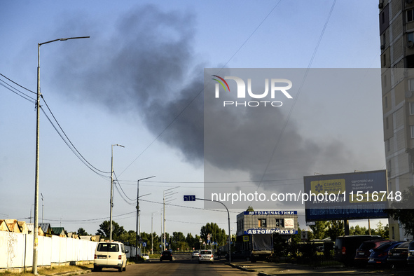 Smoke rises from the city's outskirts during a Russian missile and drone strike on Ukraine in Kyiv, Ukraine, on August 26, 2024. 