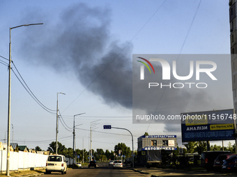 Smoke rises from the city's outskirts during a Russian missile and drone strike on Ukraine in Kyiv, Ukraine, on August 26, 2024. (