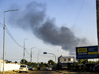 Smoke rises from the city's outskirts during a Russian missile and drone strike on Ukraine in Kyiv, Ukraine, on August 26, 2024. (