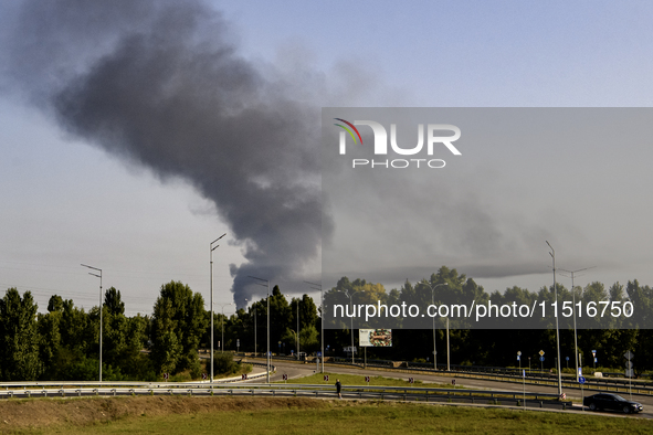 Smoke rises from the city's outskirts during a Russian missile and drone strike on Ukraine in Kyiv, Ukraine, on August 26, 2024. 