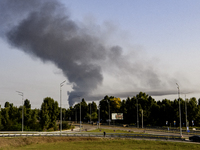 Smoke rises from the city's outskirts during a Russian missile and drone strike on Ukraine in Kyiv, Ukraine, on August 26, 2024. (