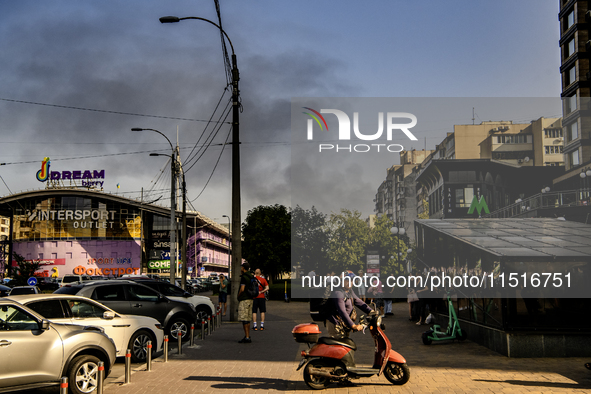 Smoke rises from the city's outskirts during a Russian missile and drone strike on Ukraine in Kyiv, Ukraine, on August 26, 2024. 