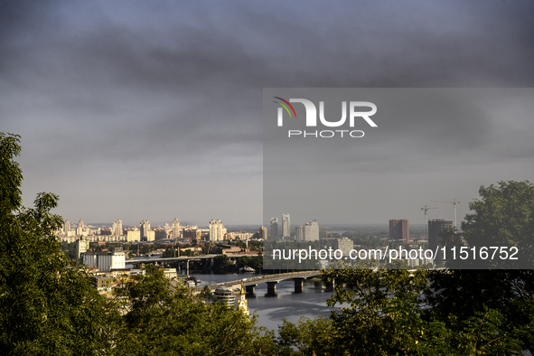 Smoke rises from the city's outskirts during a Russian missile and drone strike on Ukraine in Kyiv, Ukraine, on August 26, 2024. 