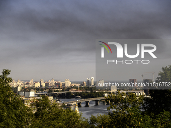 Smoke rises from the city's outskirts during a Russian missile and drone strike on Ukraine in Kyiv, Ukraine, on August 26, 2024. (