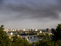 Smoke rises from the city's outskirts during a Russian missile and drone strike on Ukraine in Kyiv, Ukraine, on August 26, 2024. (