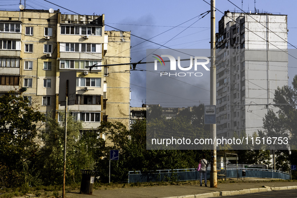 Smoke rises from the city's outskirts during a Russian missile and drone strike on Ukraine in Kyiv, Ukraine, on August 26, 2024. 