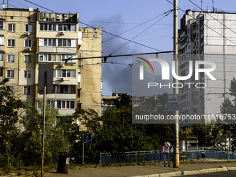 Smoke rises from the city's outskirts during a Russian missile and drone strike on Ukraine in Kyiv, Ukraine, on August 26, 2024. (