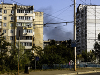 Smoke rises from the city's outskirts during a Russian missile and drone strike on Ukraine in Kyiv, Ukraine, on August 26, 2024. (