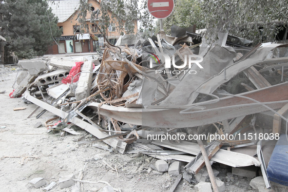 A pile of rubble is near a hotel destroyed by the Russian ballistic missile attack late on Monday, August 26, that claims the lives of two p...