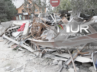 A pile of rubble is near a hotel destroyed by the Russian ballistic missile attack late on Monday, August 26, that claims the lives of two p...