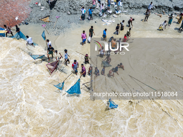 Fishermen and common people fish with handmade nets on the banks of the Feni River, ignoring the strong flow of floodwater along the Muhuri...