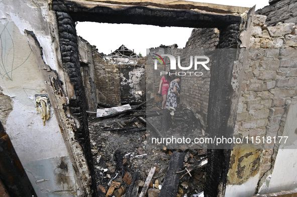 A house is damaged after a Russian Shahed drone falls onto a residential area in Zaporizhzhia, Ukraine, on August 27, 2024. NO USE RUSSIA. N...