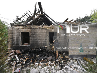 A house is damaged after a Russian Shahed drone falls onto a residential area in Zaporizhzhia, Ukraine, on August 27, 2024. NO USE RUSSIA. N...