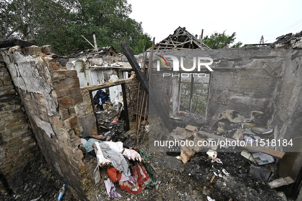 A house is damaged after a Russian Shahed drone falls onto a residential area in Zaporizhzhia, Ukraine, on August 27, 2024. NO USE RUSSIA. N...