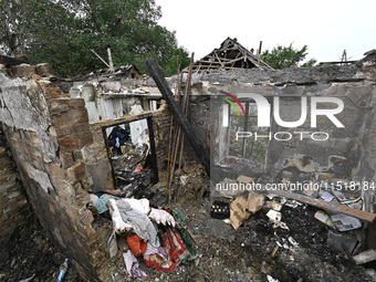 A house is damaged after a Russian Shahed drone falls onto a residential area in Zaporizhzhia, Ukraine, on August 27, 2024. NO USE RUSSIA. N...