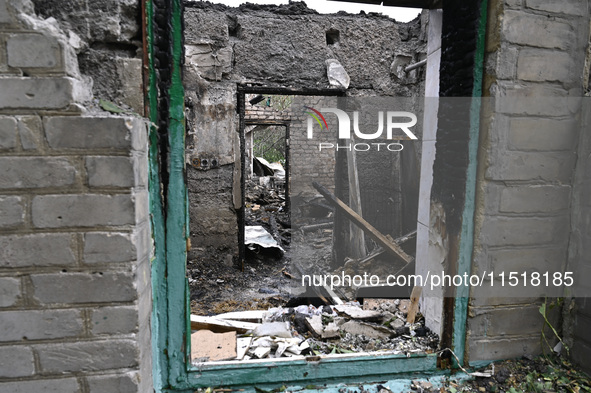 A house is damaged after a Russian Shahed drone falls onto a residential area in Zaporizhzhia, Ukraine, on August 27, 2024. NO USE RUSSIA. N...