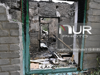 A house is damaged after a Russian Shahed drone falls onto a residential area in Zaporizhzhia, Ukraine, on August 27, 2024. NO USE RUSSIA. N...