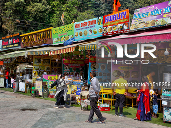 Restaurants at the Bhutia Bazaar (Tibetan market) in Nainital, Uttarakhand, India, on April 21, 2024. (