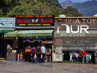 Restaurants at the Bhutia Bazaar (Tibetan market) in Nainital, Uttarakhand, India, on April 21, 2024. (