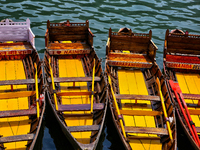 Boats moor along Naini Lake (Naini Tal) in Nainital, Uttarakhand, India, on April 21, 2024. (